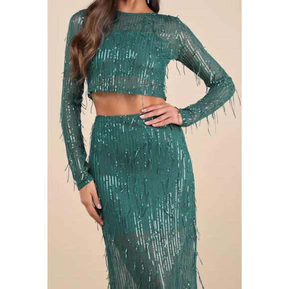 Lulus Greatest Sparkle Green Mesh Sequin Fringe Two-Piece Midi Dress - Picture 4 of 6